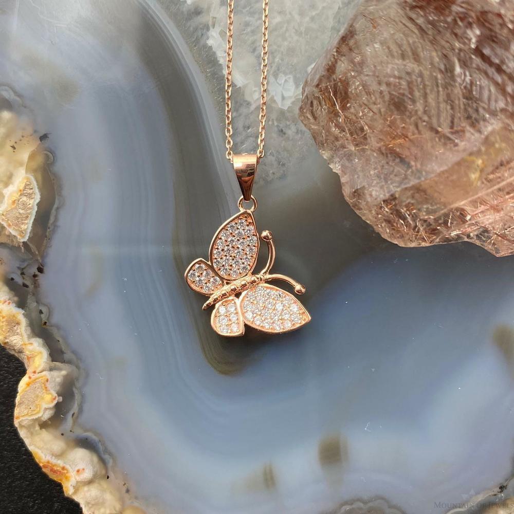Sterling Silver Rose Coated with Cubic Zirconia Butterfly Pendant with Chain - Picture 2 of 9
